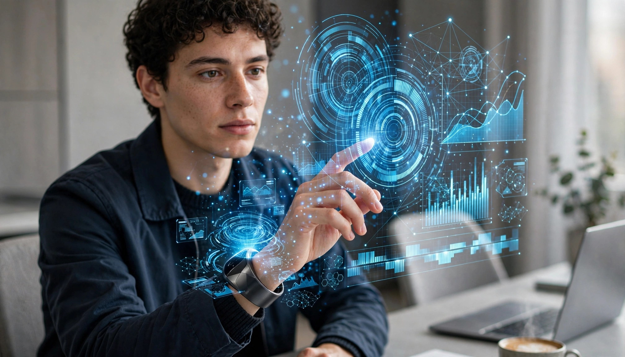 A person interacting with a holographic interface projected from a wearable device, showing a complex schedule and data analytics.