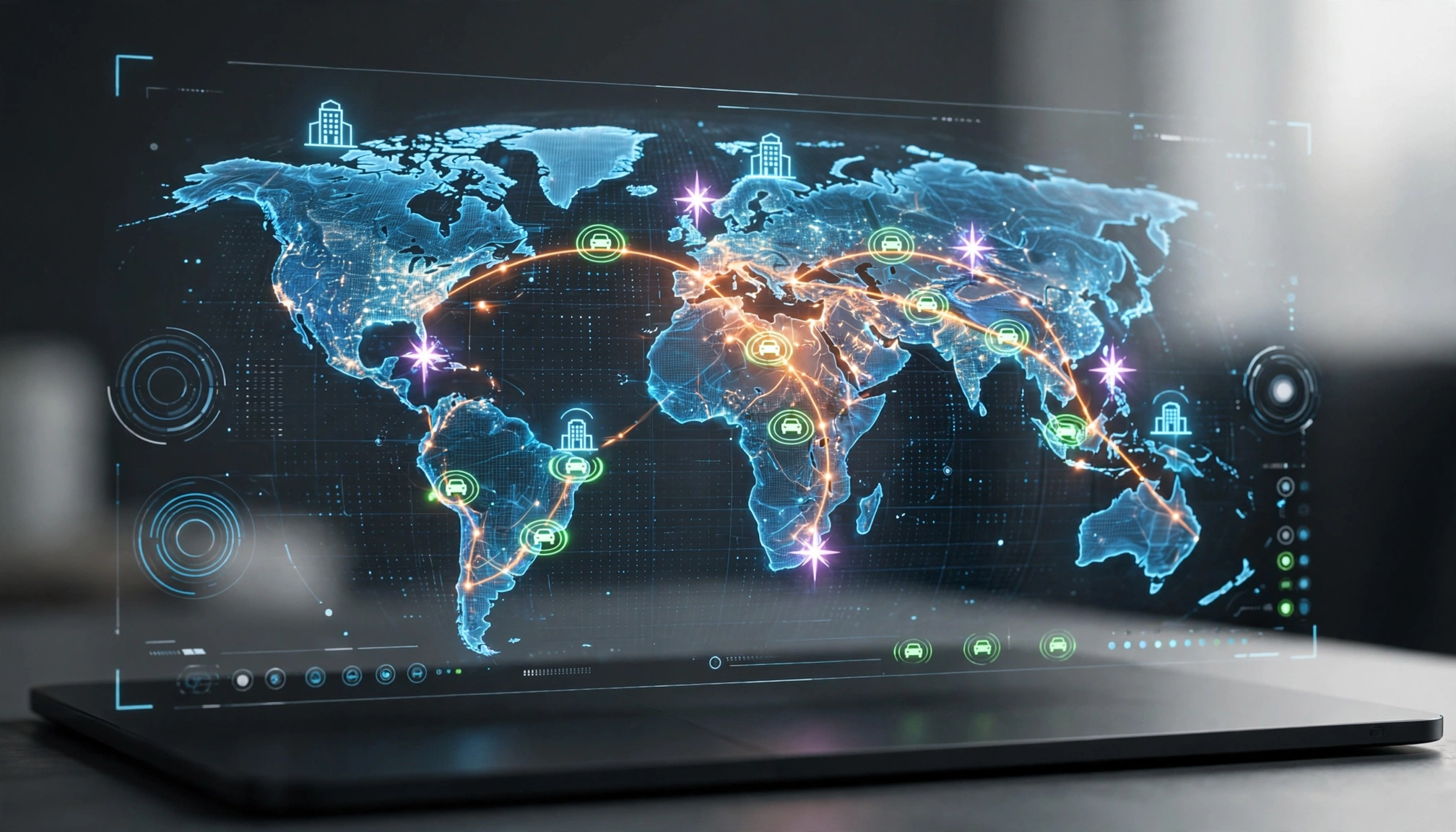 A futuristic travel interface showing a holographic map with suggested routes, hotel options, and real-time traffic data, all powered by AI.