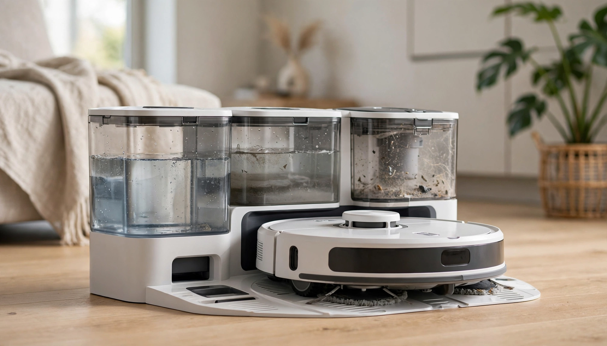 Robot vacuum mop base station with clean and dirty water tanks