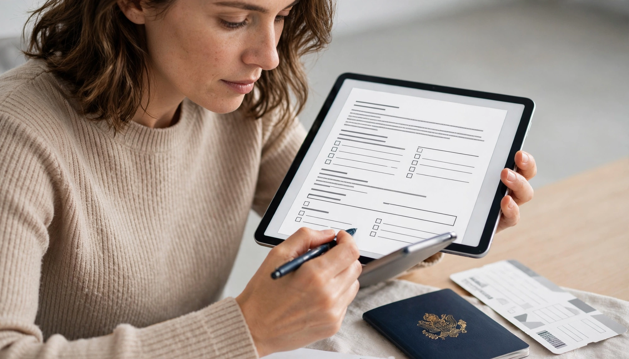 Person reviewing travel insurance documents on a tablet