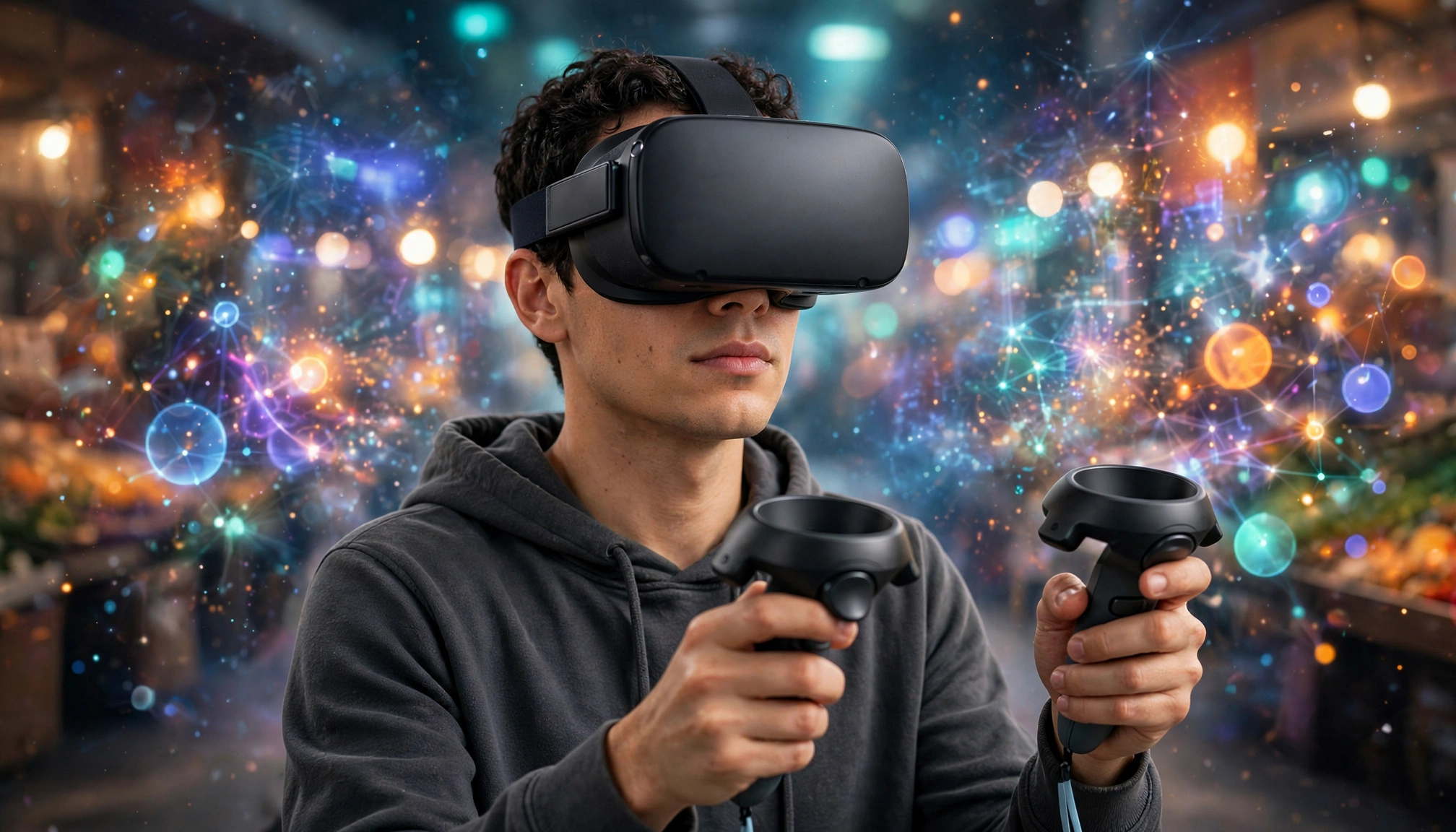 A person wearing a sleek virtual reality headset, fully immersed in a vibrant online market, with controllers in their hands.