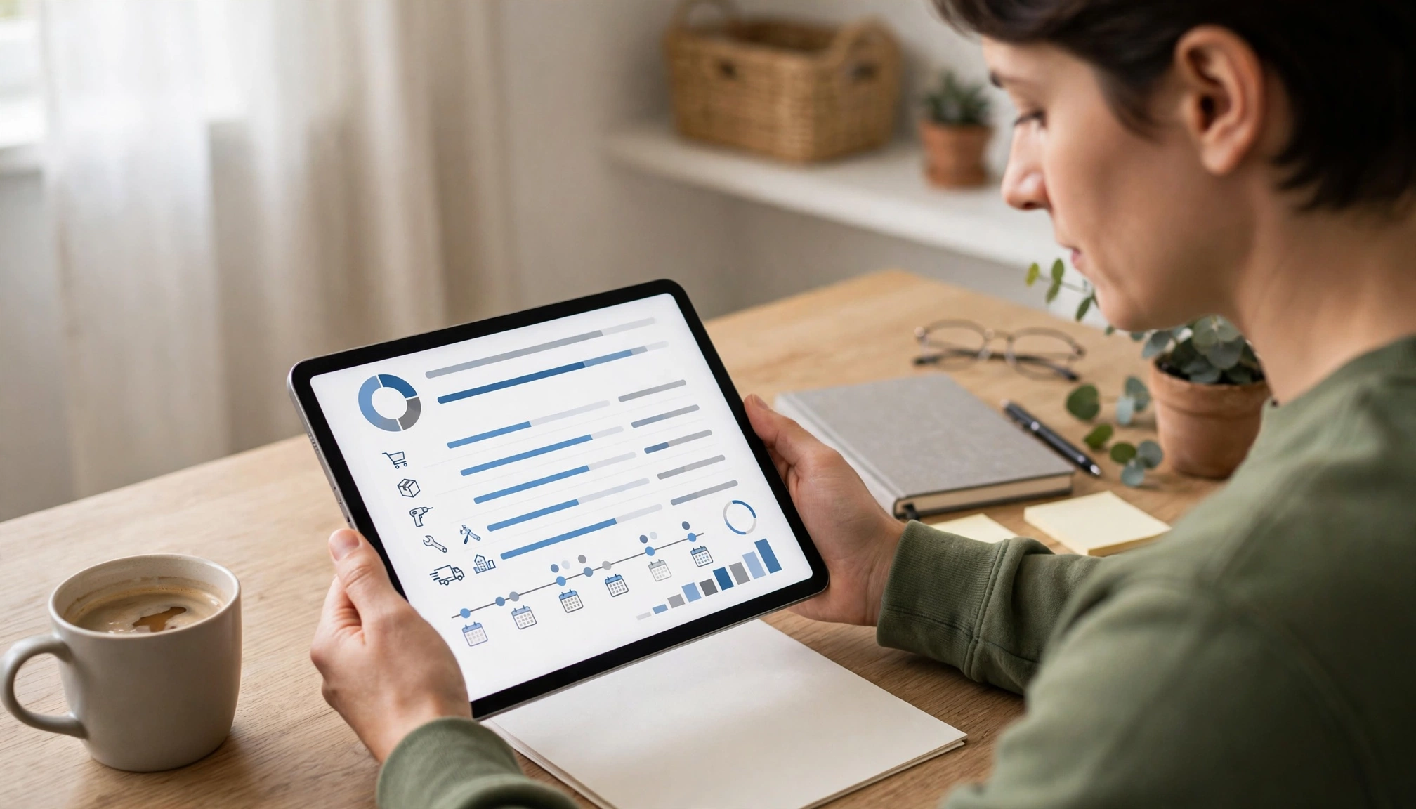 A person reviews a Home Depot credit card statement on a tablet, showing transaction details and payment due dates.