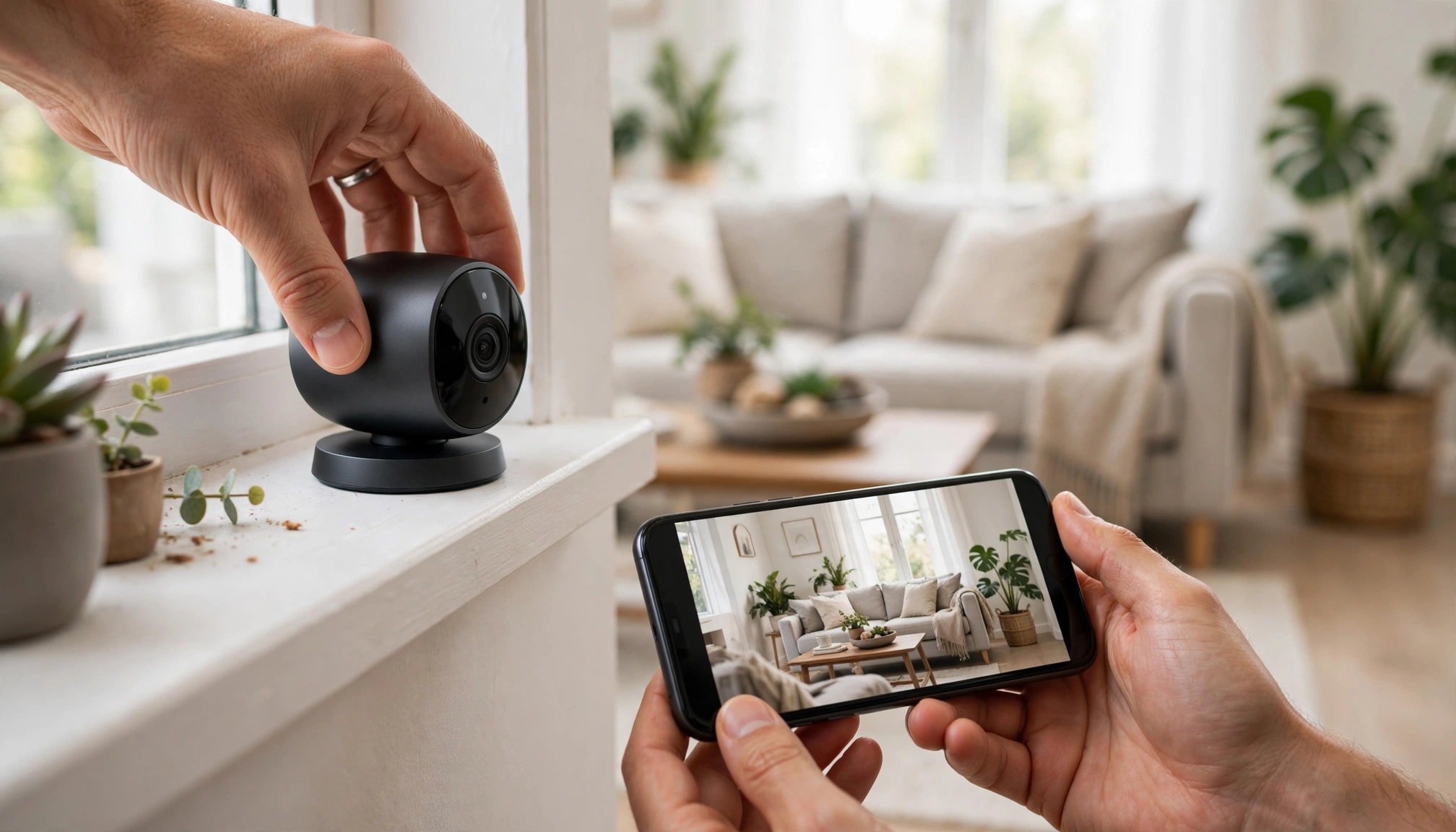 A person setting up a smart home security camera on a windowsill, with a smartphone showing the companion app interface.