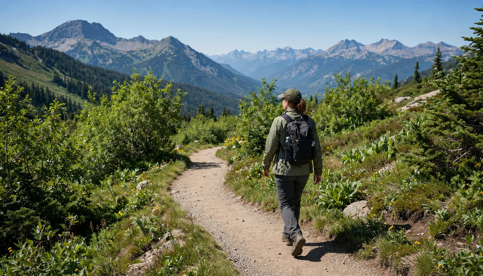 A person hiking on a scenic trail in a national park, with lush greenery and mountains in the background, representing sustainable outdoor activities.