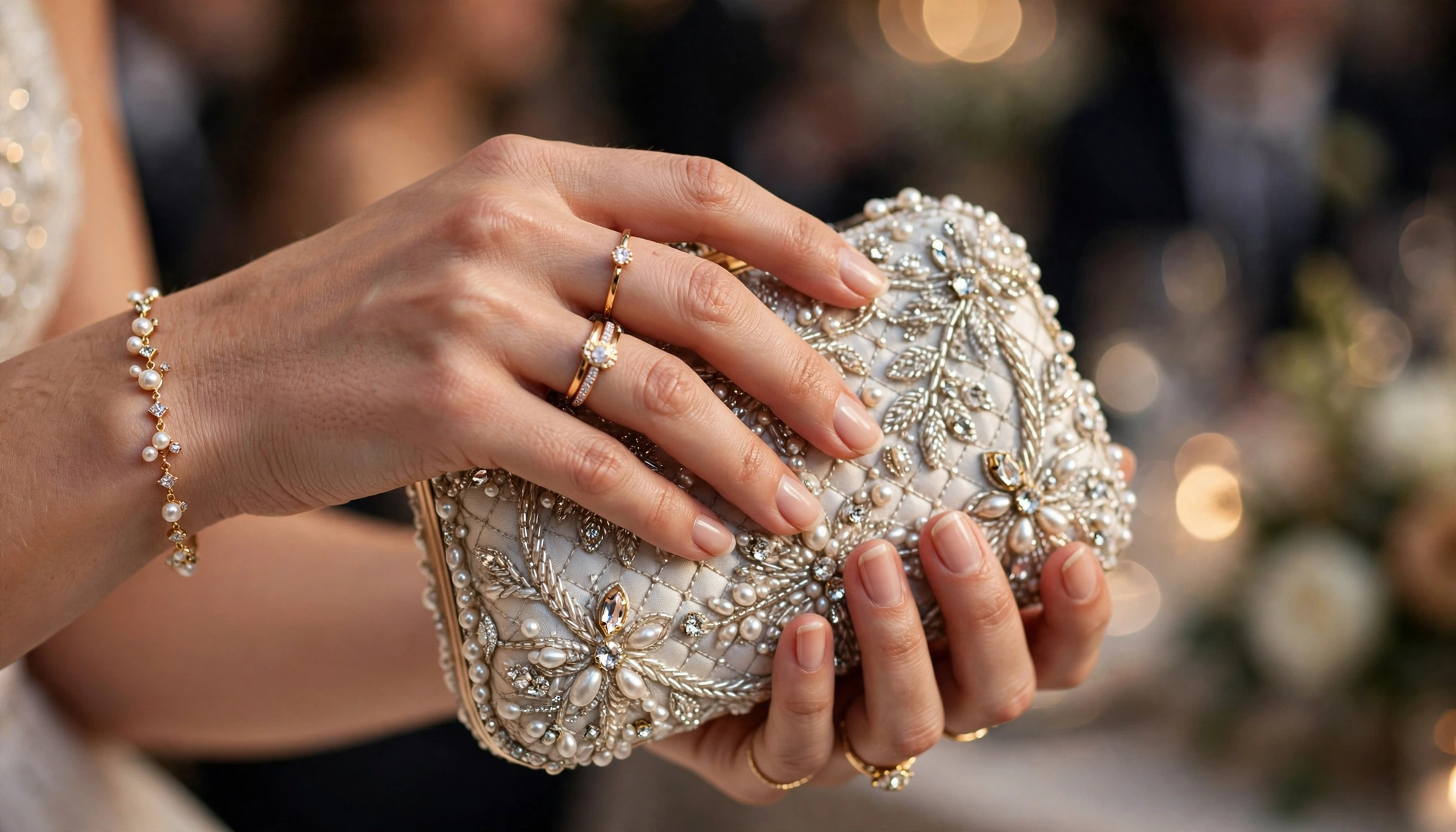 A close-up of a woman's hands holding a small, embellished clutch bag, with a delicate bracelet and rings, against a blurred background of a formal event
