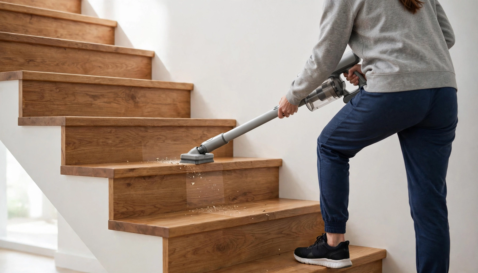 Person using a cordless stick vacuum to clean stairs