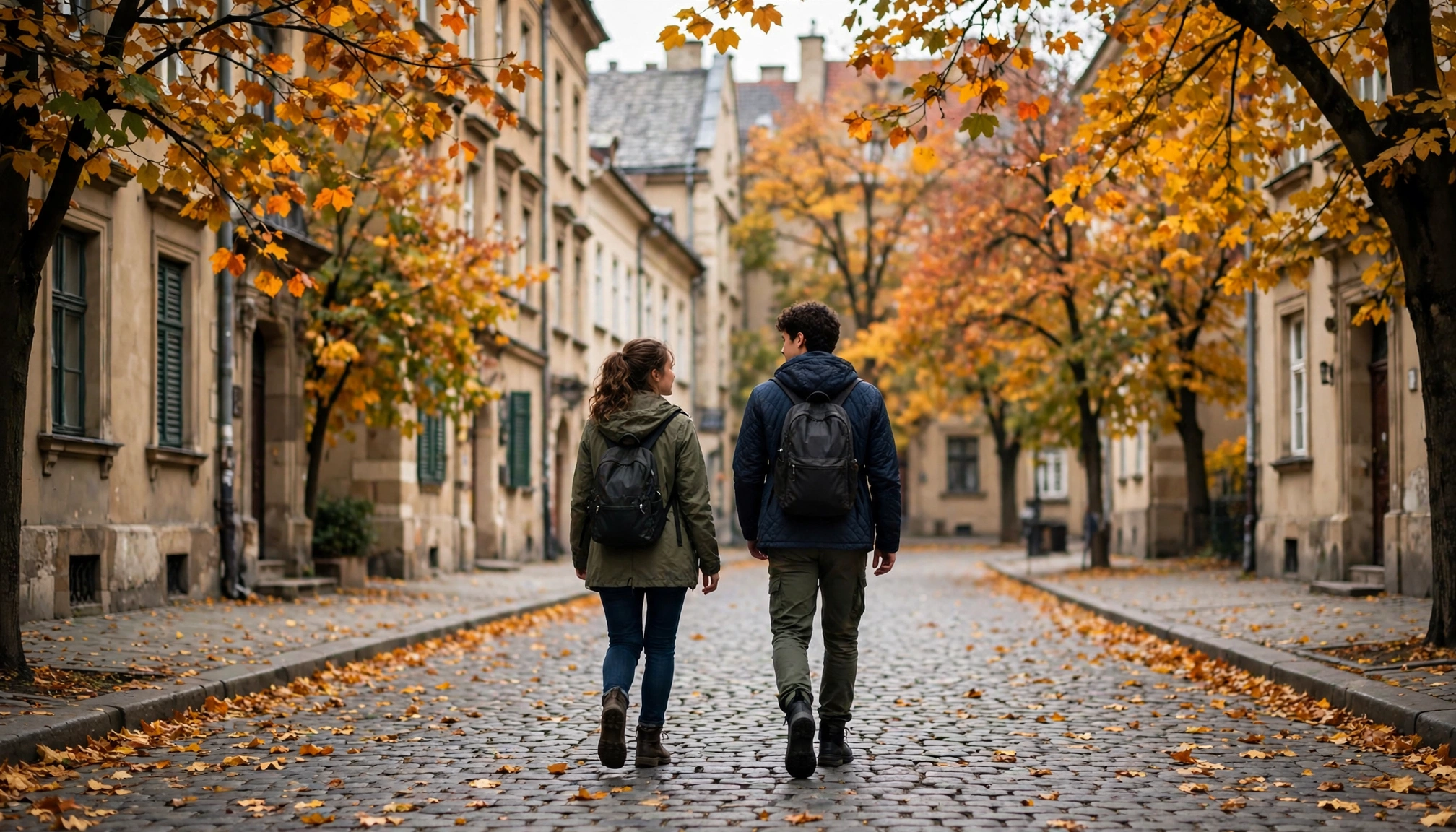 Backpackers exploring a historic European city street in autumn