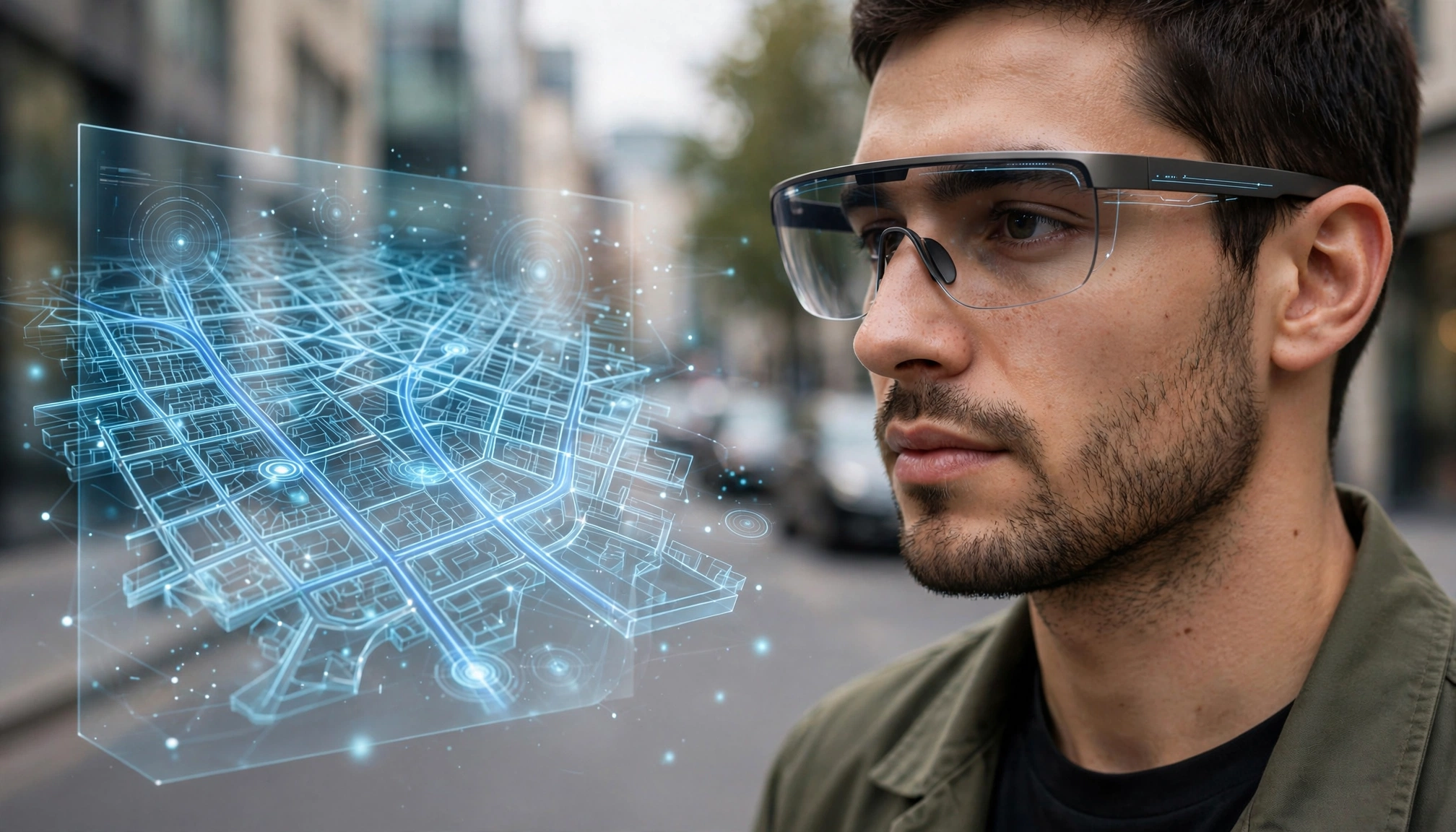 A person wearing sleek augmented reality glasses, looking at a digital map overlayed onto a city street scene.