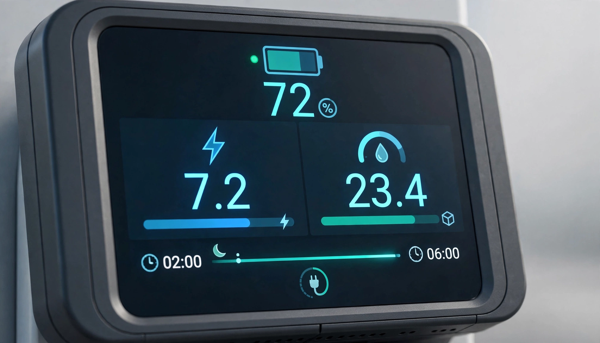 A close-up of a smart EV charger's display showing charging status, energy consumption data, and scheduled charging times.
