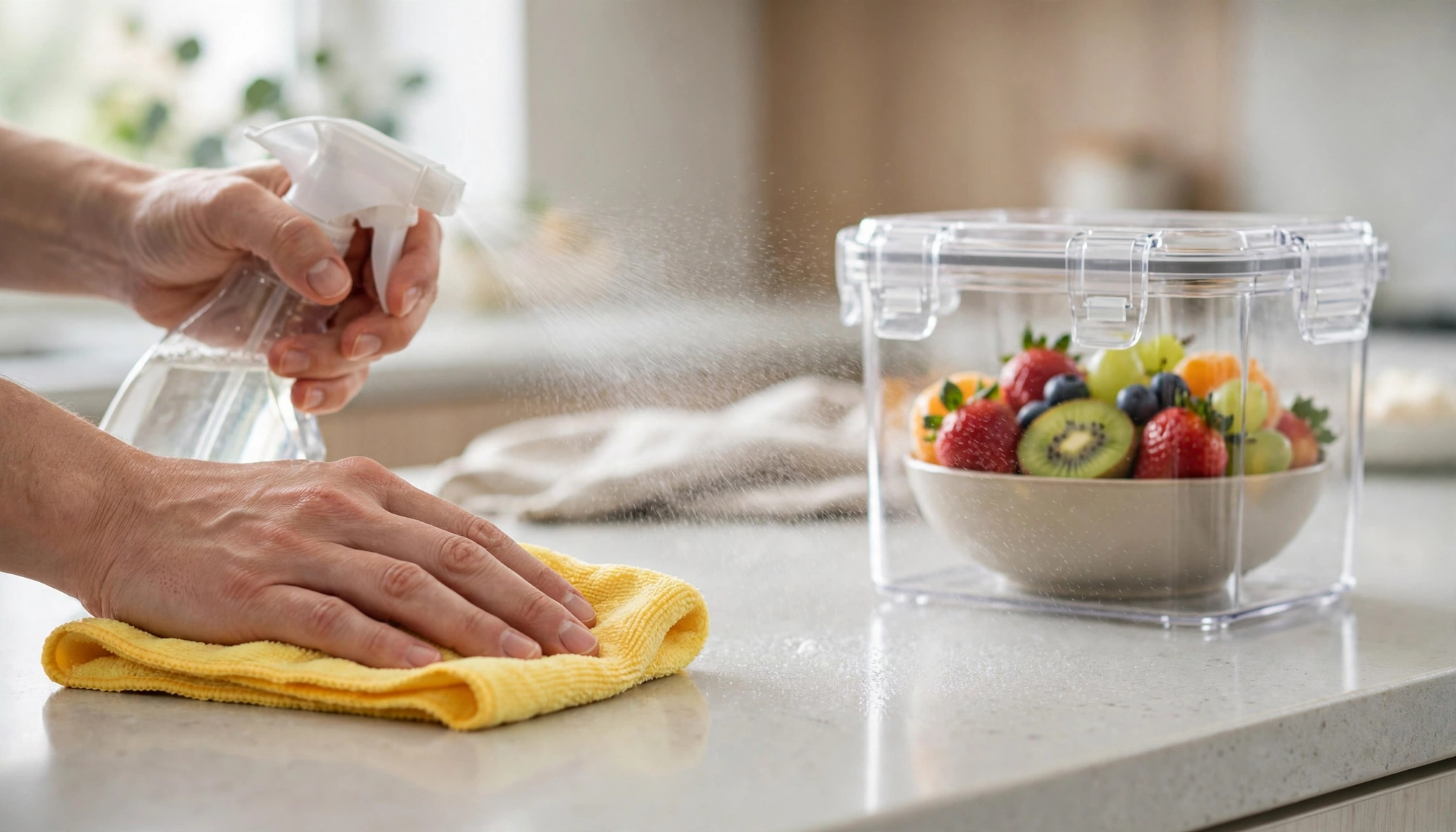 A person carefully wiping down a kitchen counter with a spray bottle and a cloth, with a bowl of fresh fruit stored in a sealed container in the background.