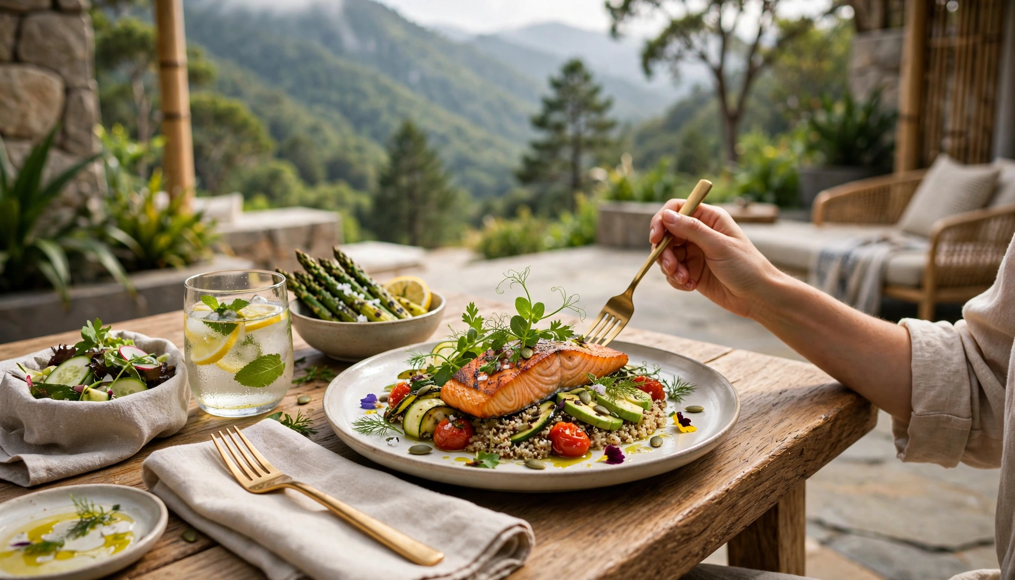 A person enjoying a healthy, colorful meal at an outdoor dining area of a luxury wellness retreat, with a scenic view.