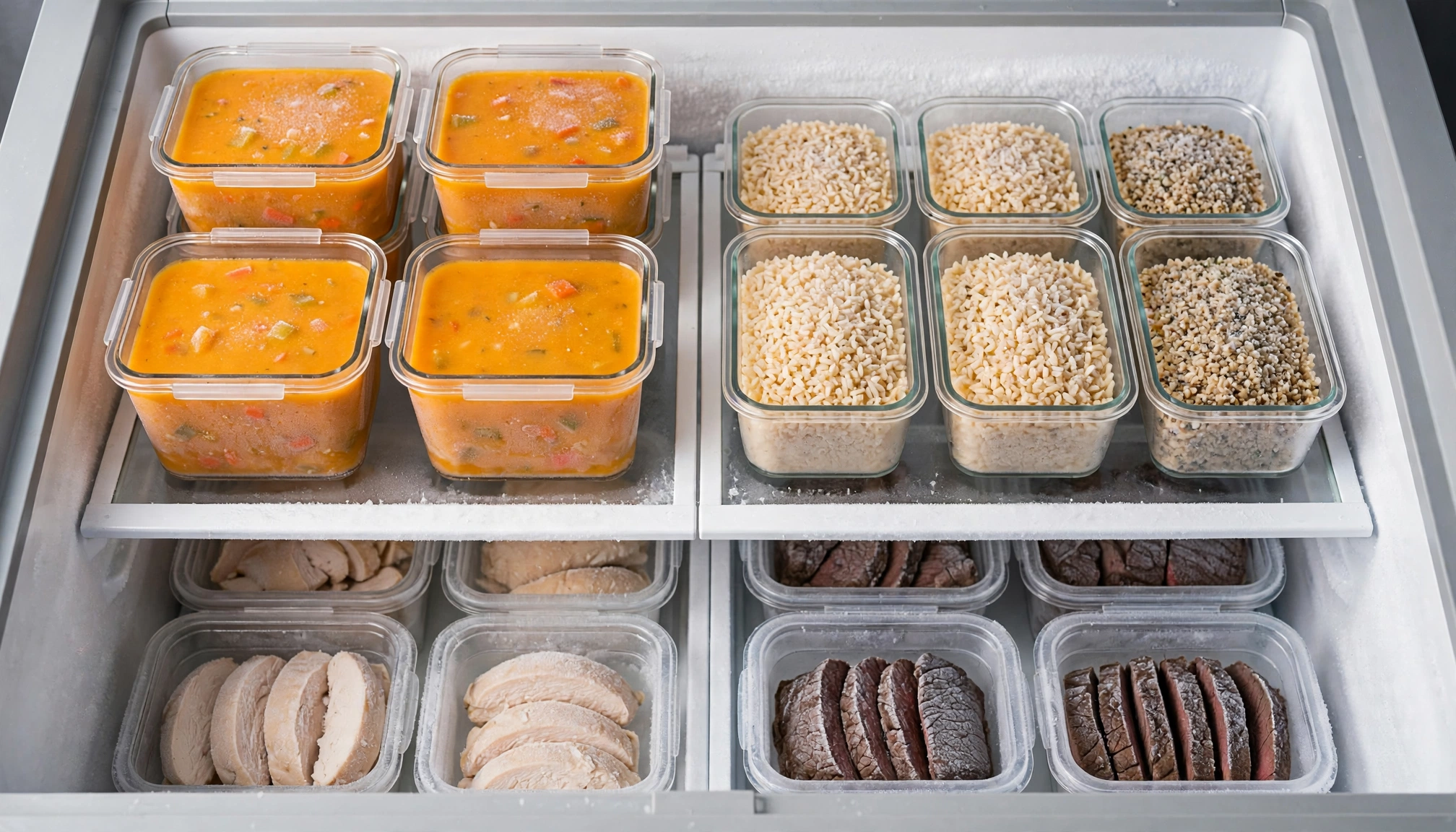 A neatly organized freezer with labeled containers of prepped meals and ingredients