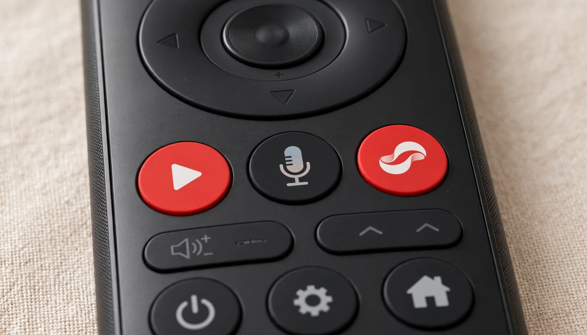 A close-up of a smart TV remote control with prominent buttons for Netflix, YouTube, and a voice assistant, indicating ease of use.