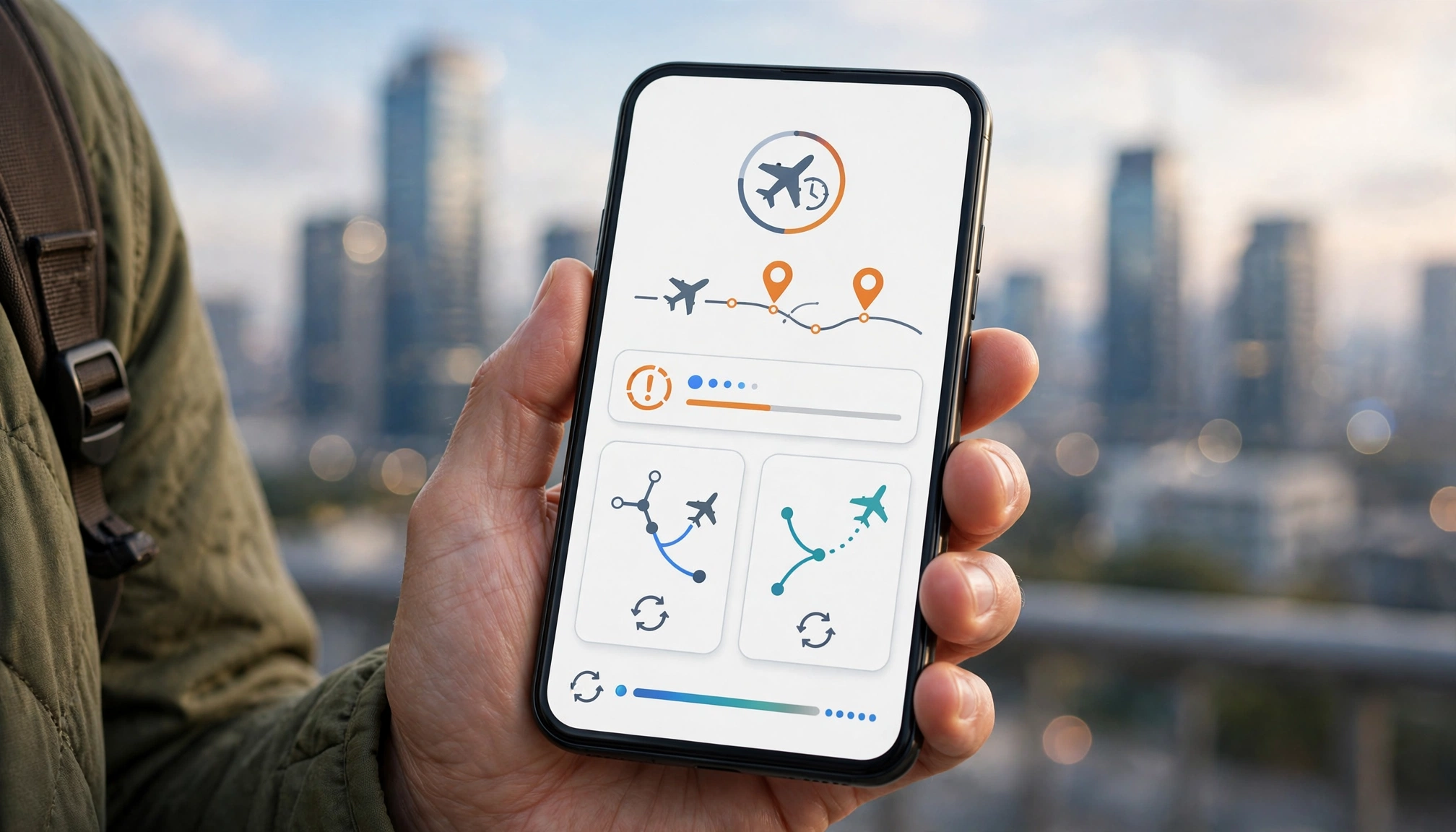 A traveler uses a smartphone app to view their AI-generated itinerary, showing real-time updates and alternative suggestions for a delayed flight.