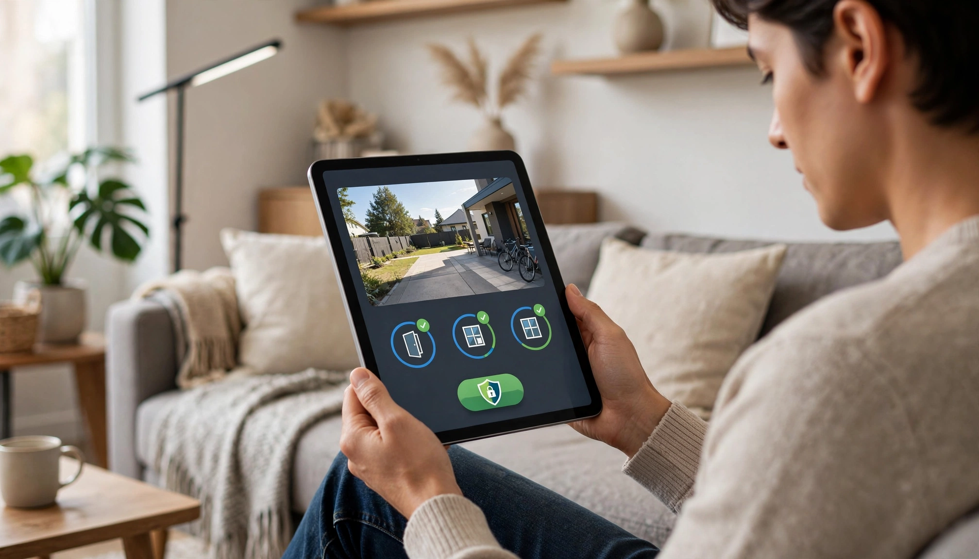 A person checking their smart home security system on a tablet, showing a live feed from an outdoor camera and status of door/window sensors.