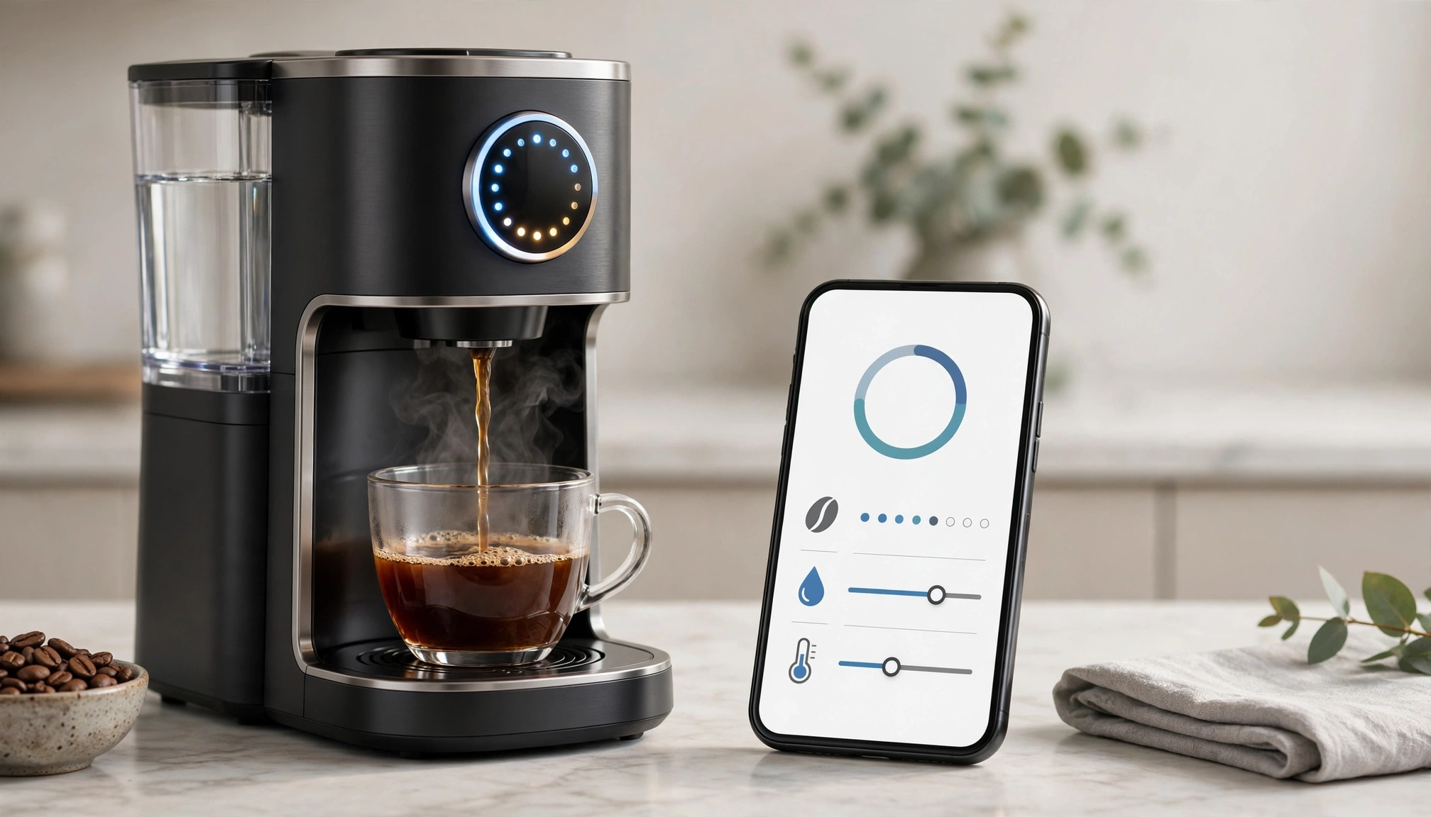 A smart coffee maker brewing coffee, with a smartphone displaying the brewing status and customization options.