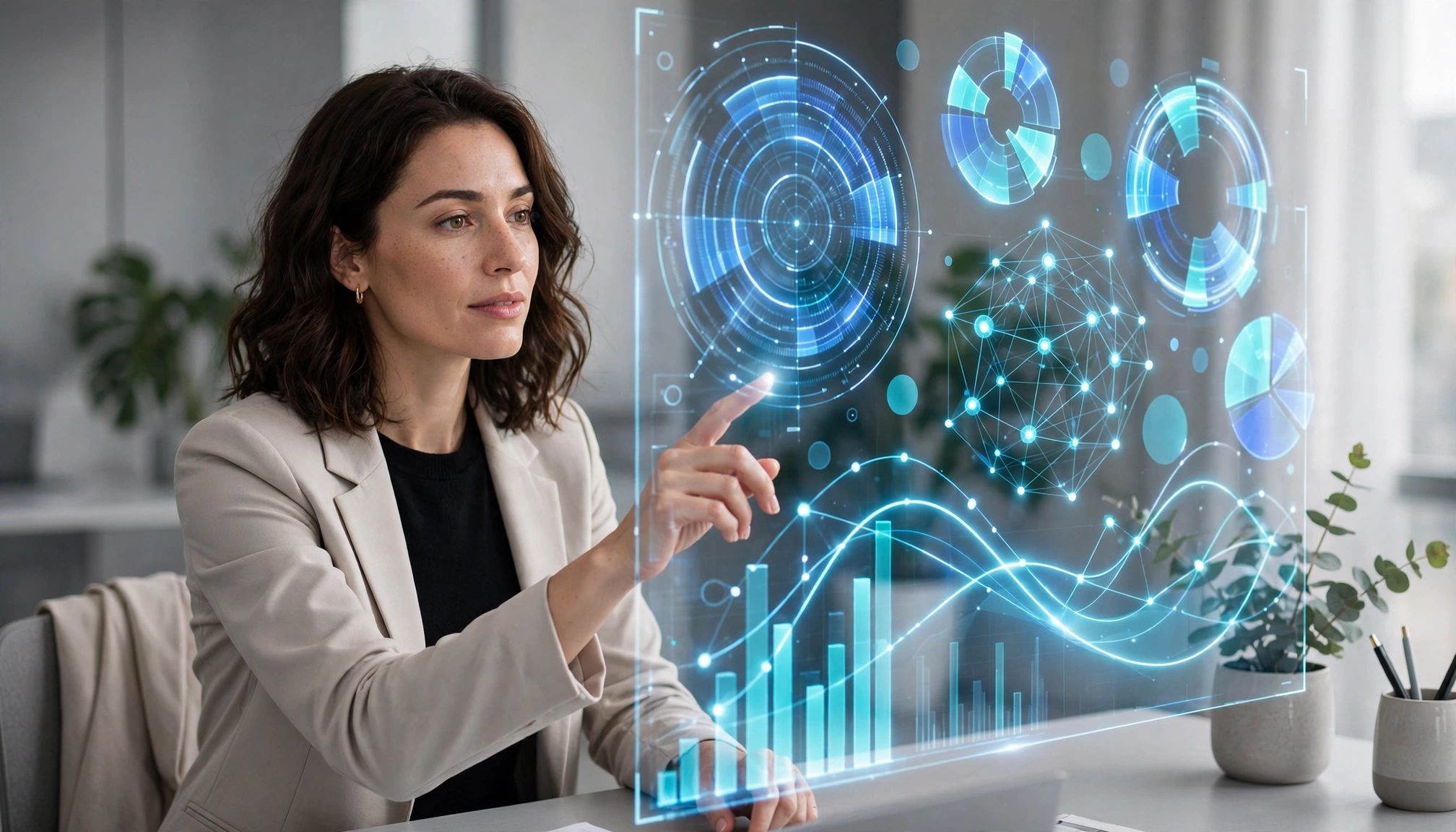 An illustration of a person interacting with a holographic financial dashboard, showing charts and data, representing active engagement with AI budgeting.