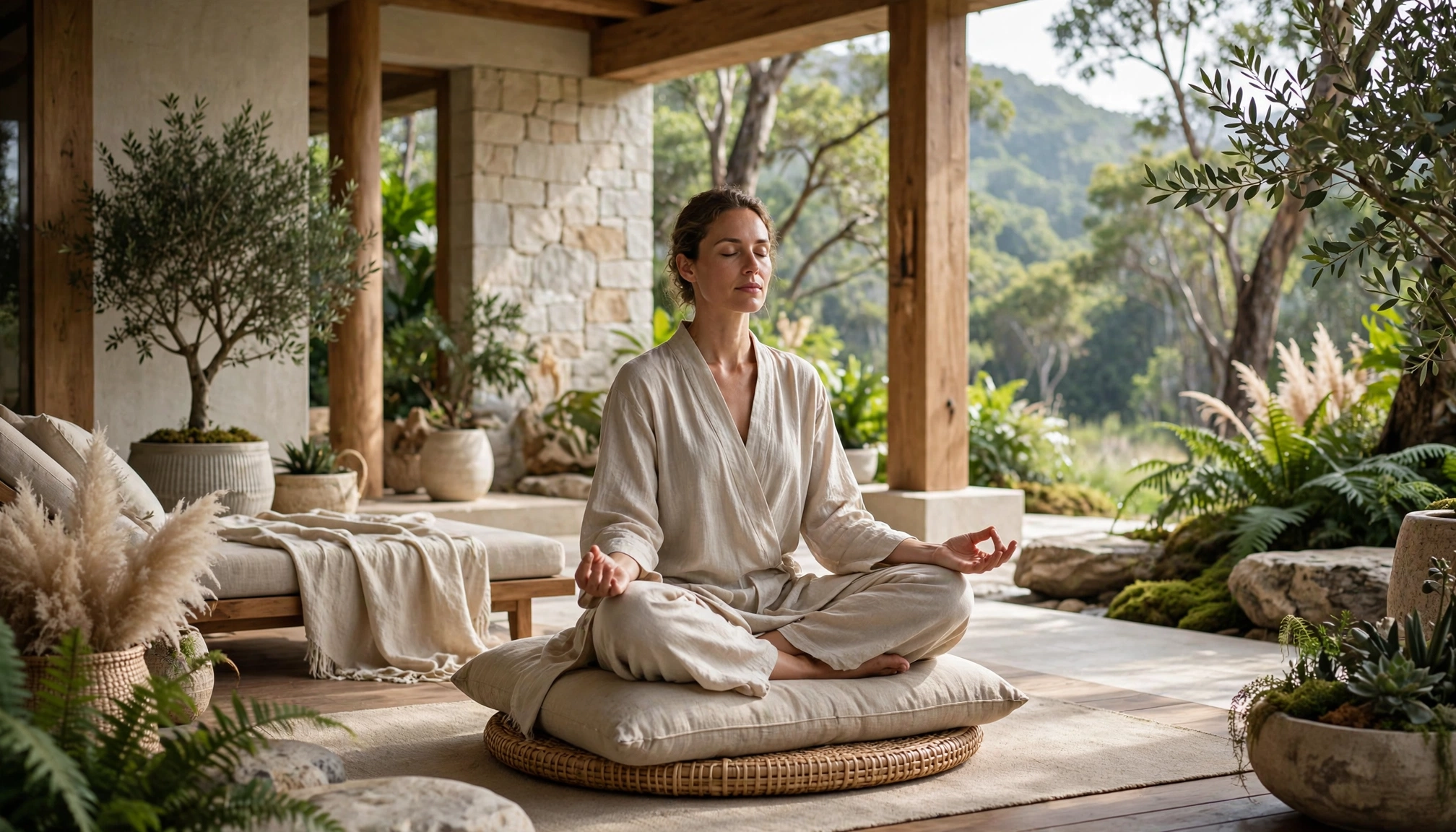 A serene individual meditating in a luxurious, minimalist retreat setting, surrounded by lush greenery and a calm body of water.